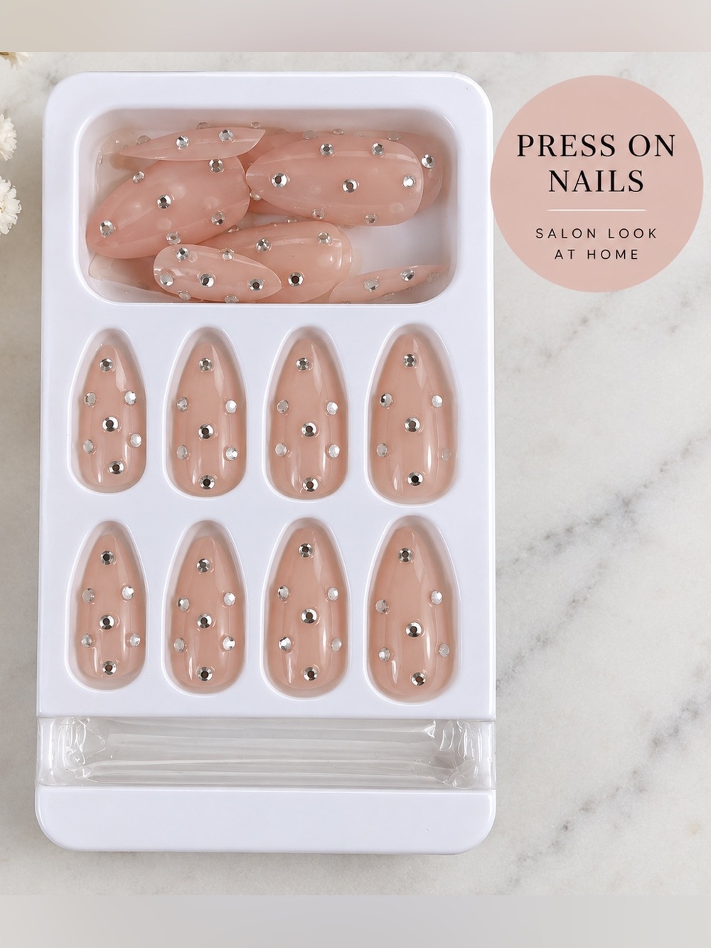 Press-On Oval Nails with Rhinestones - Nude Pink